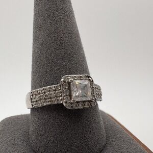 Sterling Silver 925 Princess Cut CZ Halo Pave Cocktail Engagement Ring Size 11